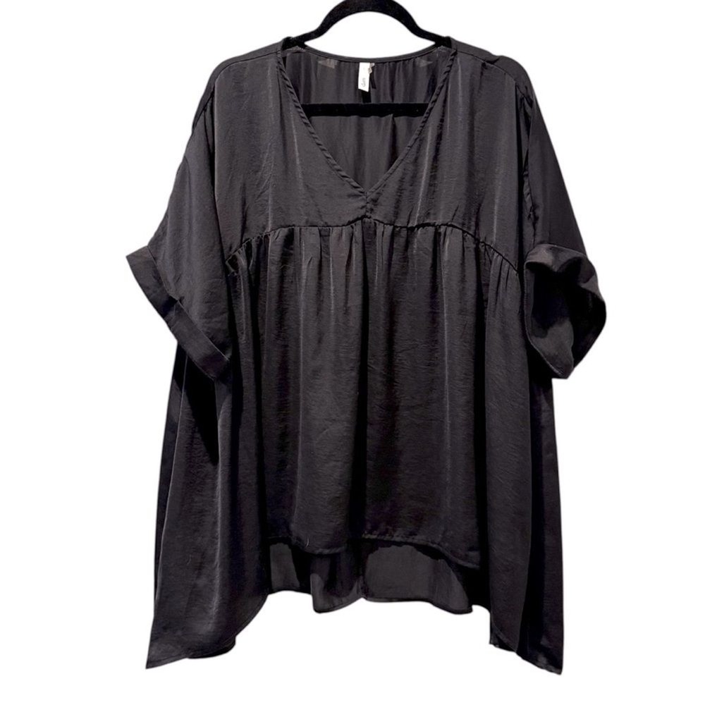 Glam Black V Neck Babydoll Tunic Top Oversized Shirt Black Women's Size Large‎